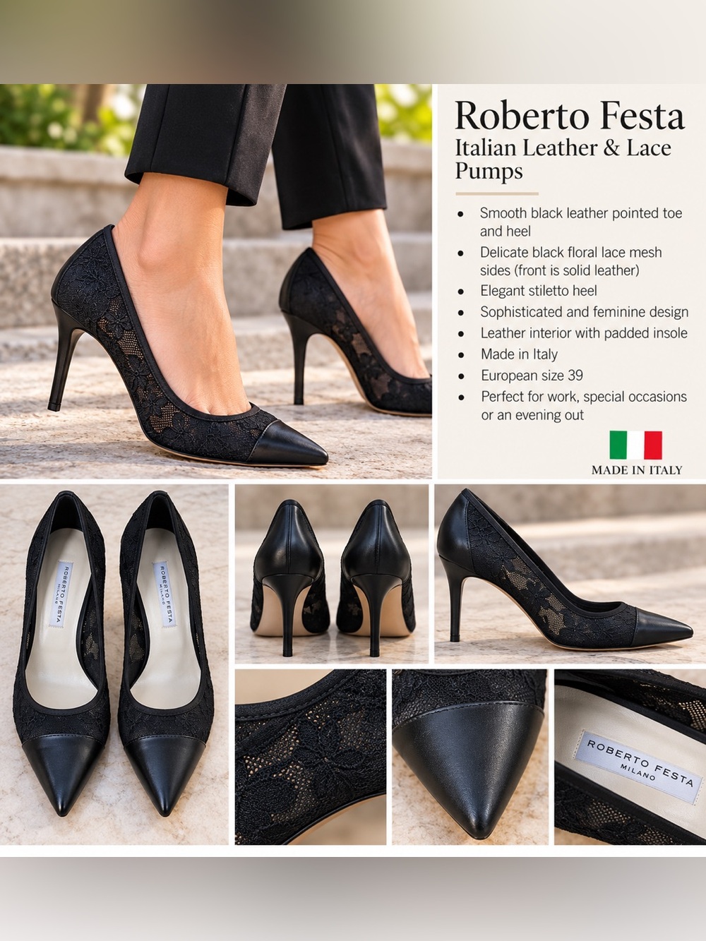 Roberto Festa Italian Black Floral Lace and Leather Pointed Stiletto Pumps